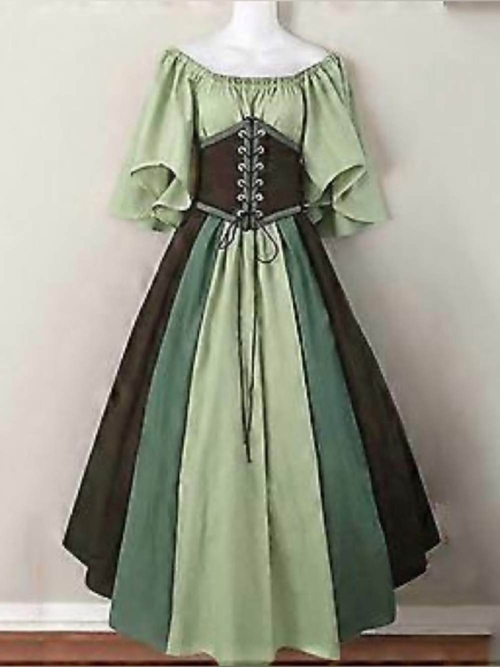 Off-Shoulder Green- blue Panel Renaissance Dress with Lace-Up Bodice